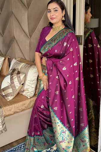 Wine silk blend paithani saree with unstitched blouse piece