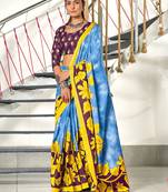 Blue floral print mulmul cotton saree with blouse.