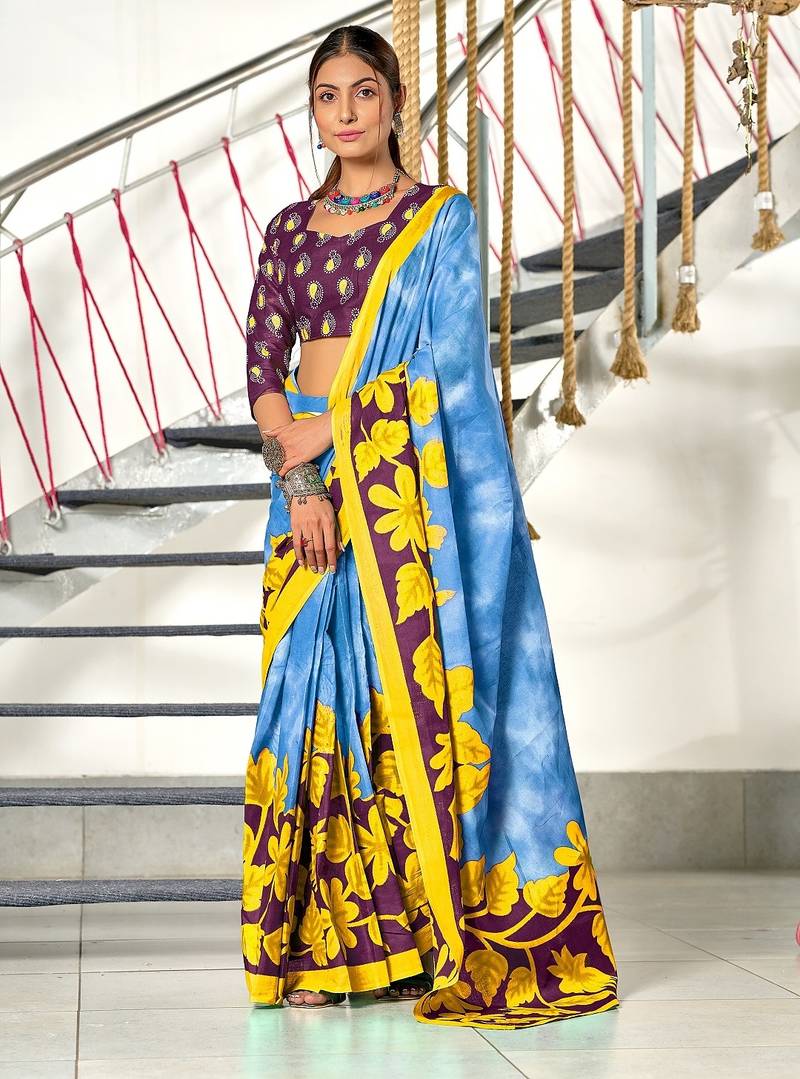 Blue floral print mulmul cotton saree with blouse.