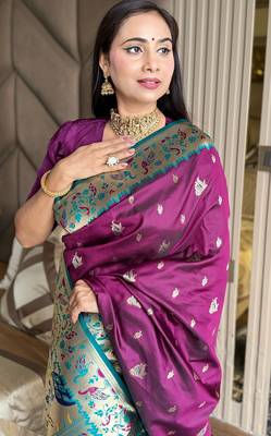 Wine silk blend paithani saree with unstitched blouse piece 4