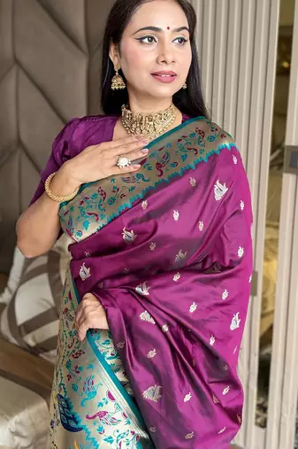 Wine silk blend paithani saree with unstitched blouse piece