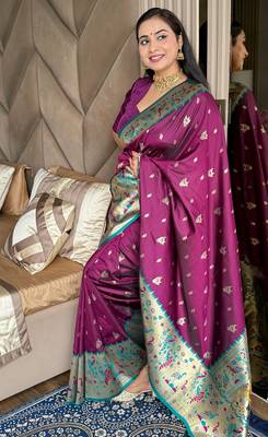 Wine silk blend paithani saree with unstitched blouse piece 5