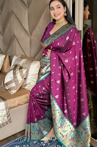 Wine silk blend paithani saree with unstitched blouse piece