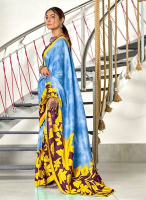 Blue floral print mulmul cotton saree with blouse. 3