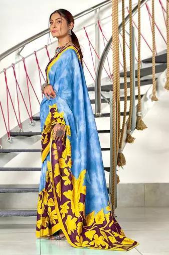 Blue floral print mulmul cotton saree with blouse.