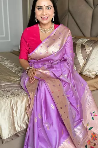 Lavender silk paithani saree with unstitched blouse piece