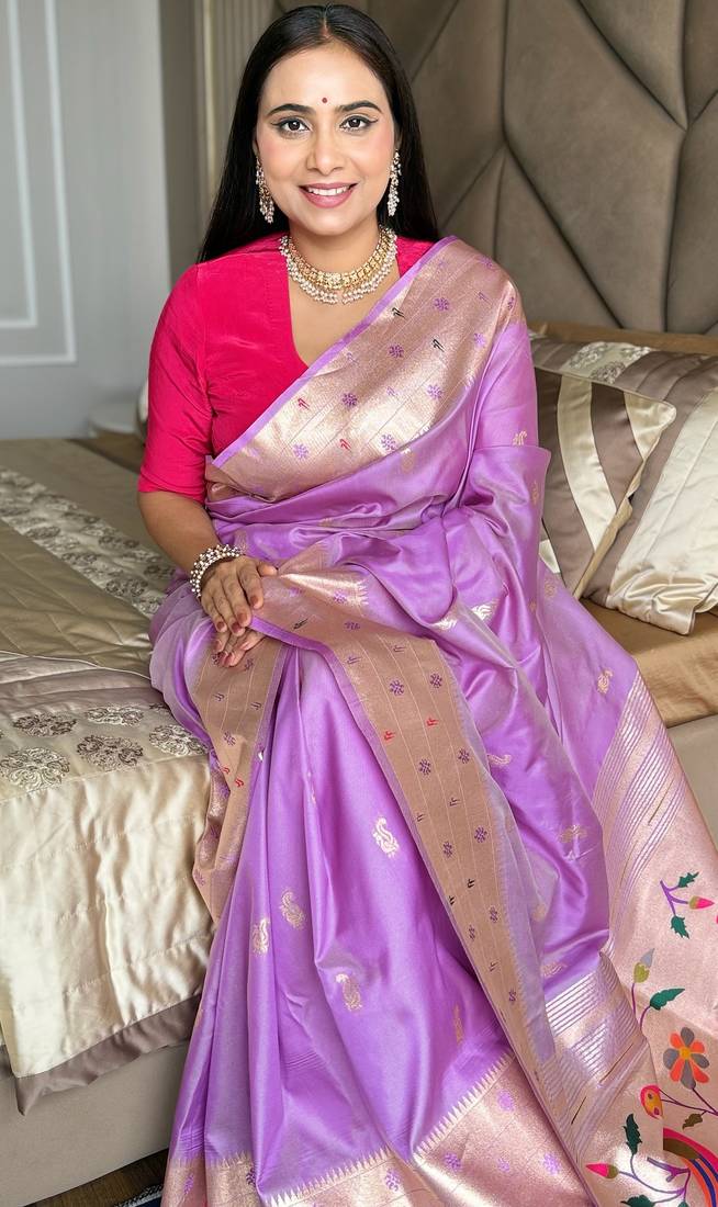 Lavender silk paithani saree with unstitched blouse piece