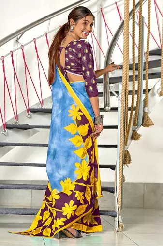 Blue floral print mulmul cotton saree with blouse.