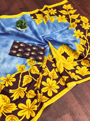 Blue floral print mulmul cotton saree with blouse. 5