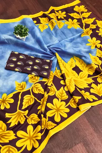 Blue floral print mulmul cotton saree with blouse.