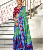 Green floral print mulmul cotton saree with blouse.