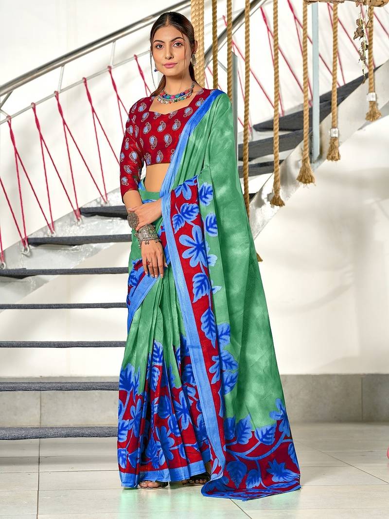 Green floral print mulmul cotton saree with blouse.