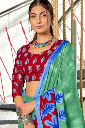 Green floral print mulmul cotton saree with blouse.