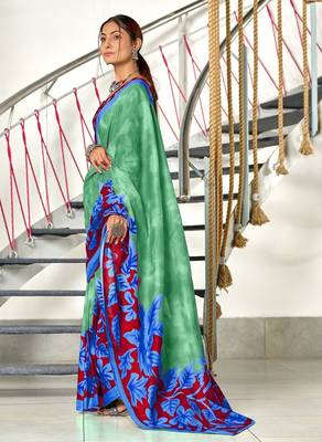 Green floral print mulmul cotton saree with blouse. 3