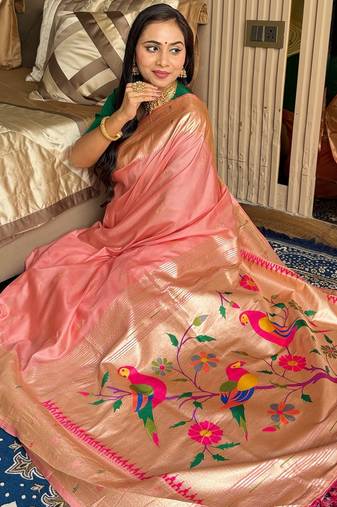 Peach silk paithani saree with unstitched blouse piece