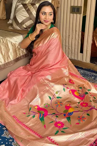 Peach silk paithani saree with unstitched blouse piece