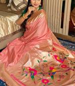 Peach silk paithani saree with unstitched blouse piece