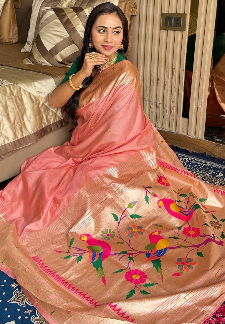 Peach silk paithani saree with unstitched blouse piece