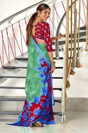 Green floral print mulmul cotton saree with blouse.