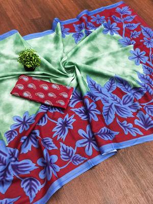 Green floral print mulmul cotton saree with blouse. 5