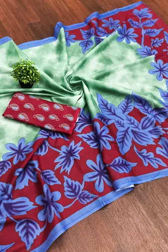 Green floral print mulmul cotton saree with blouse.