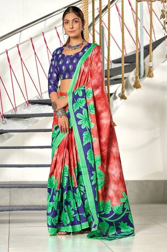 Red floral print mulmul cotton saree with blouse.