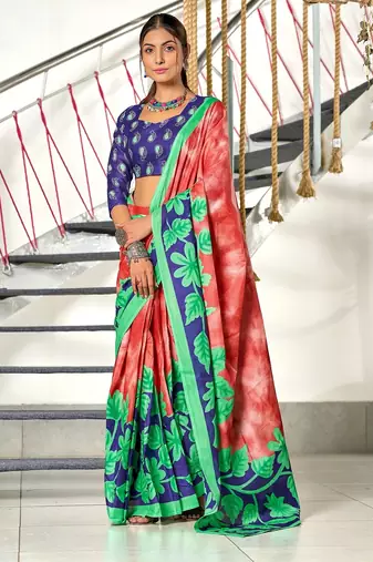 Red floral print mulmul cotton saree with blouse.