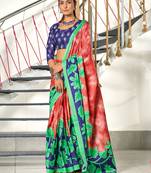 Red floral print mulmul cotton saree with blouse.