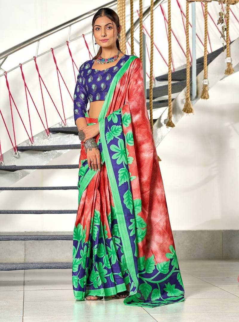Red floral print mulmul cotton saree with blouse.