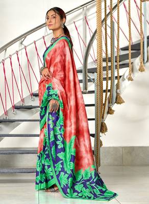 Red floral print mulmul cotton saree with blouse. 3
