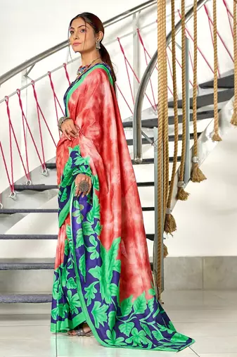 Red floral print mulmul cotton saree with blouse.