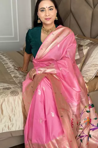 Pink silk paithani saree with unstitched blouse piece
