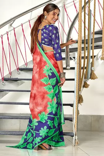 Red floral print mulmul cotton saree with blouse.