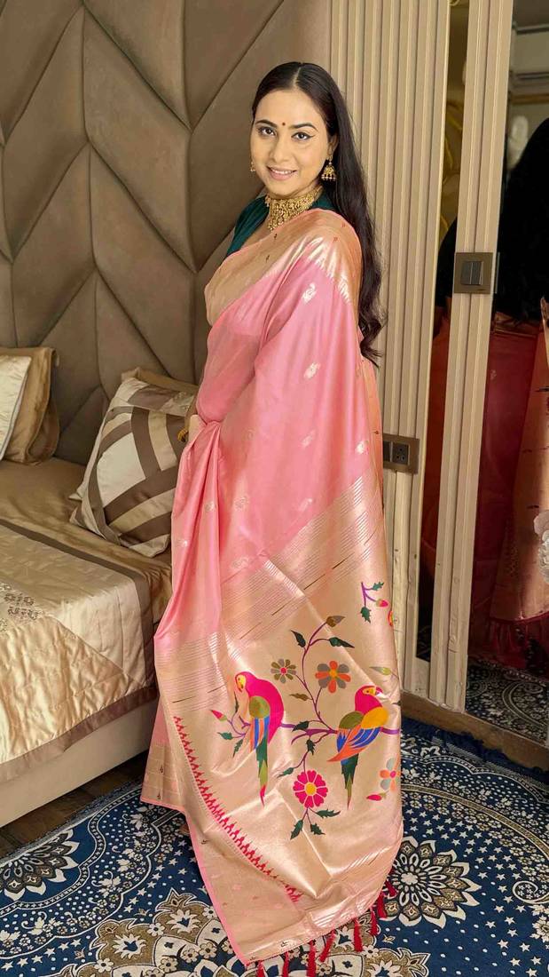 Pink silk paithani saree with unstitched blouse piece