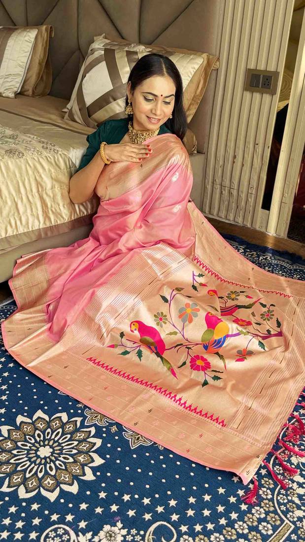 Pink silk paithani saree with unstitched blouse piece