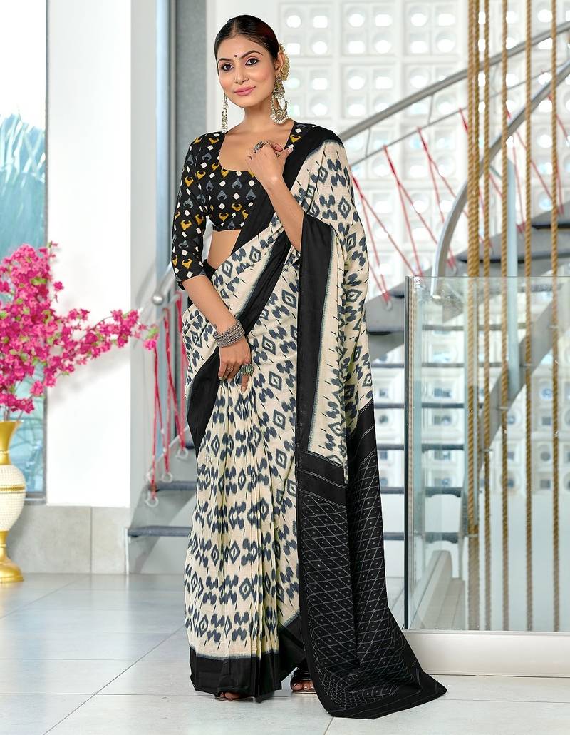 Black block print mulmul cotton saree with blouse.