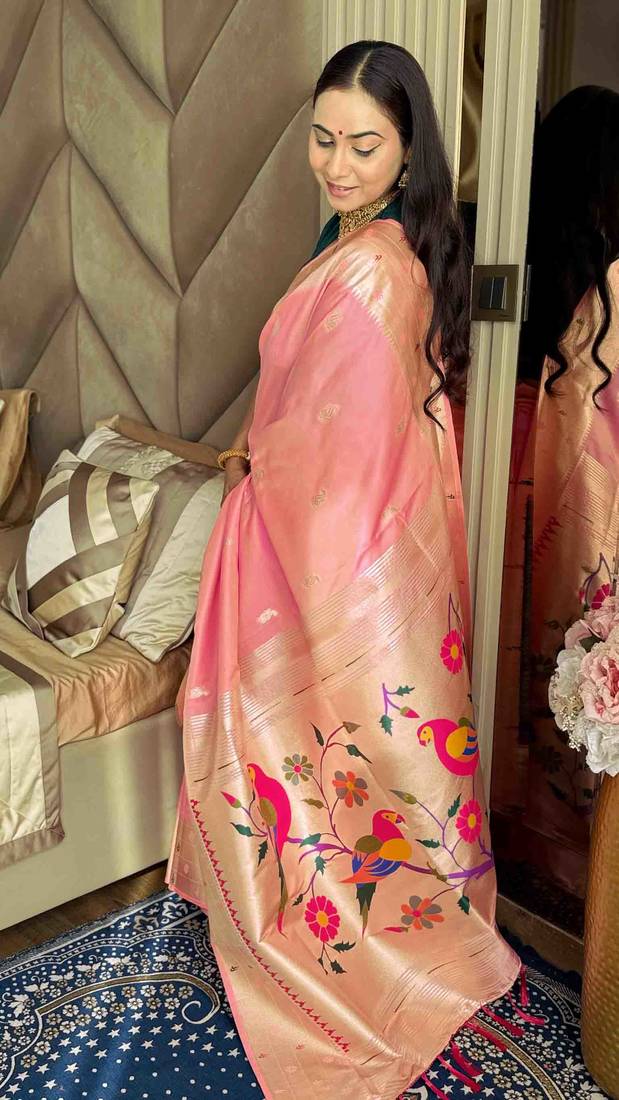 Pink silk paithani saree with unstitched blouse piece