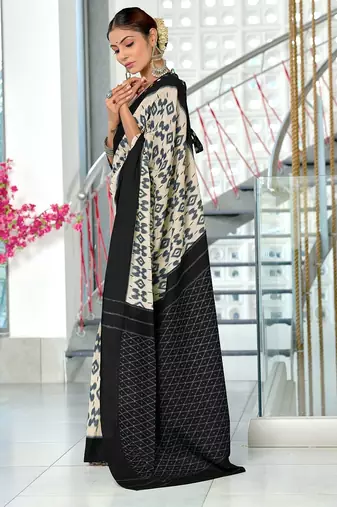 Black block print mulmul cotton saree with blouse.