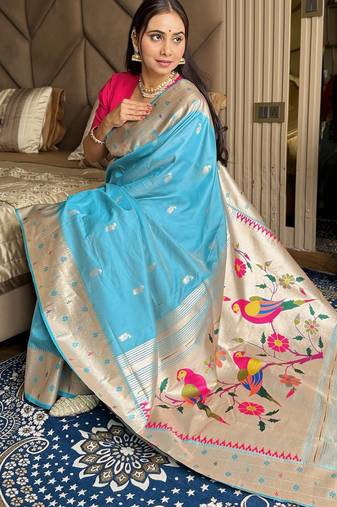 Sky blue silk paithani saree with unstitched blouse piece
