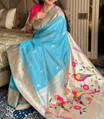 Sky blue silk paithani saree with unstitched blouse piece