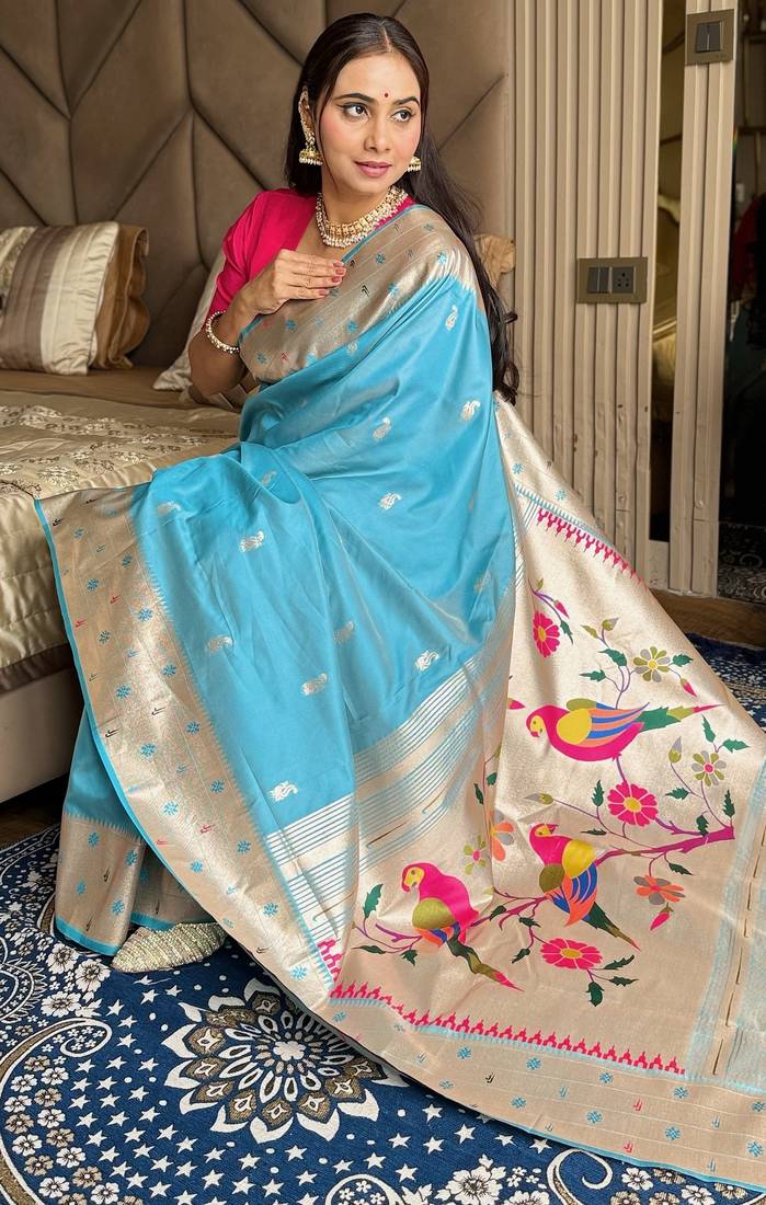 Sky blue silk paithani saree with unstitched blouse piece