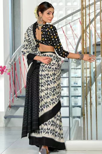 Black block print mulmul cotton saree with blouse.