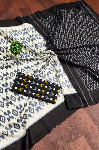 Black block print mulmul cotton saree with blouse.