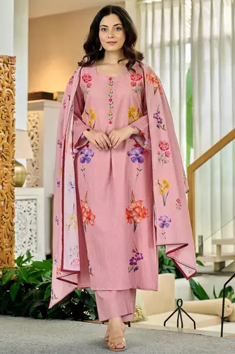 Dusty pink floral printed chanderi kurta pant set with matching dupatta
