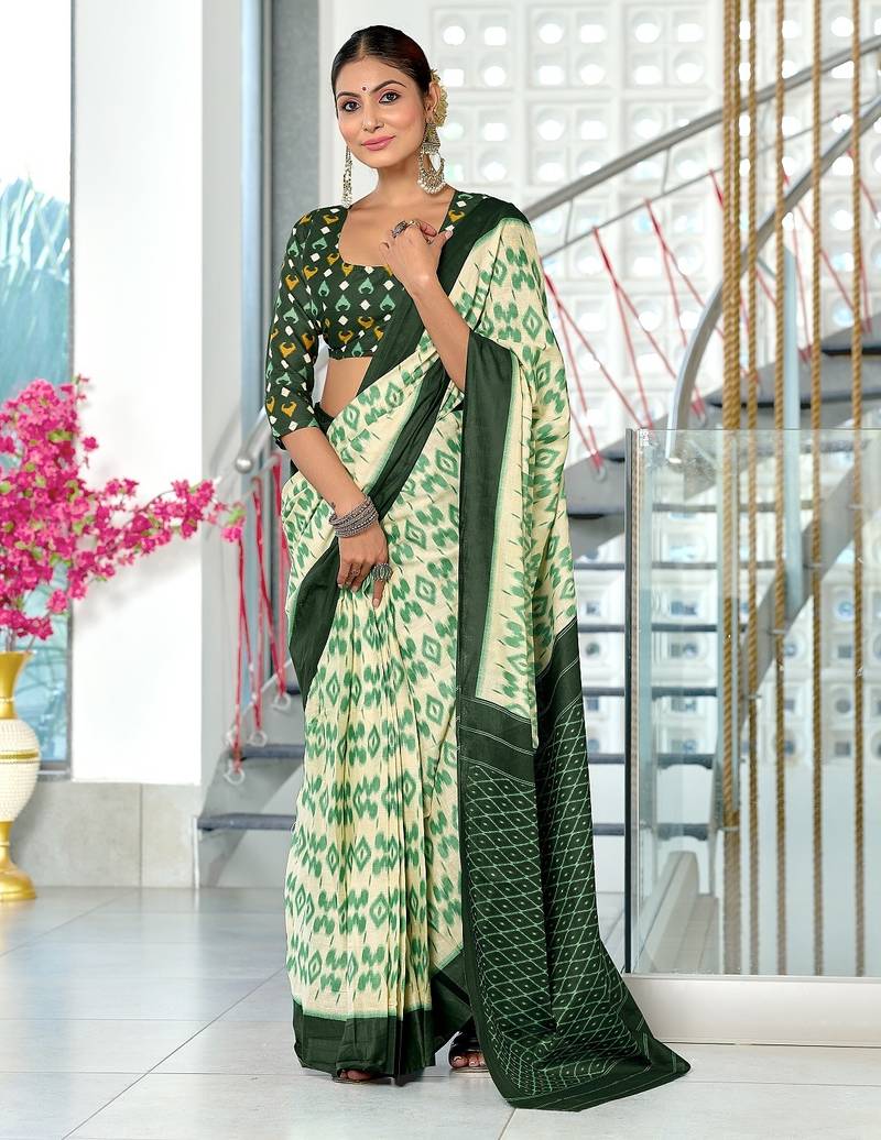 Green block print mulmul cotton saree with blouse.