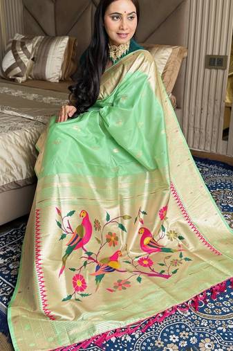 Sea green silk paithani saree with unstitched blouse piece