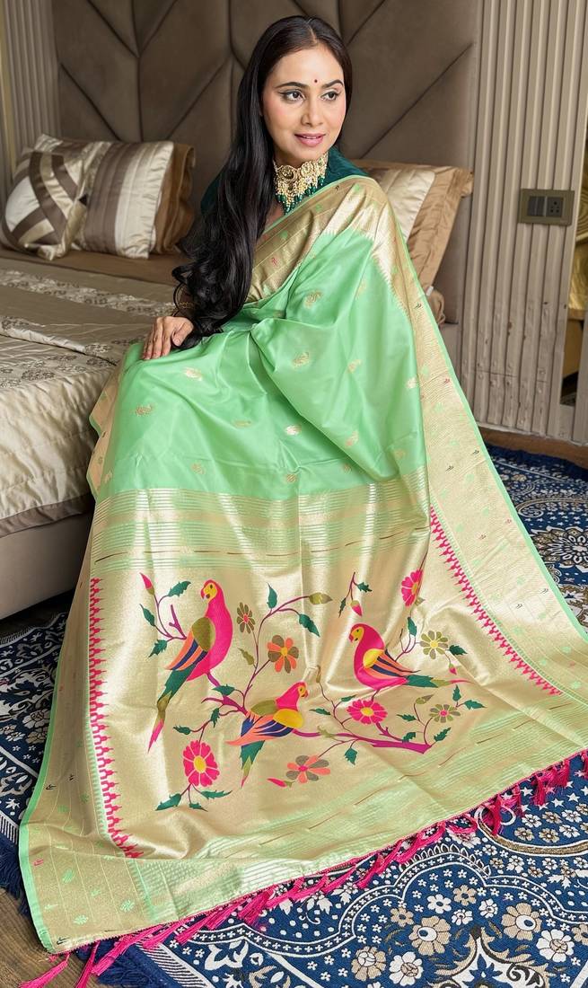 Sea green silk paithani saree with unstitched blouse piece