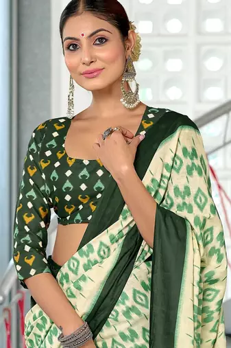 Green block print mulmul cotton saree with blouse.