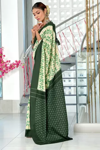 Green block print mulmul cotton saree with blouse.