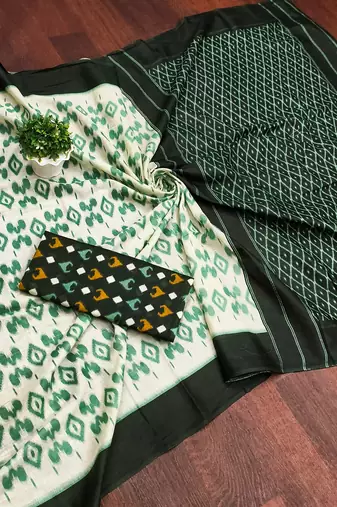 Green block print mulmul cotton saree with blouse.